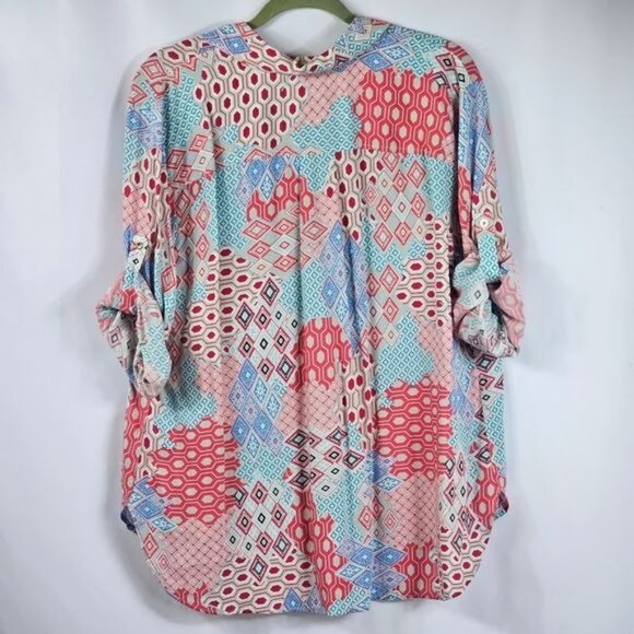 Talbots Geometric Button Up Blouse 2XP Multicolor Patchwork Roll Tab Sleeves NWT - Picture 2 of 10